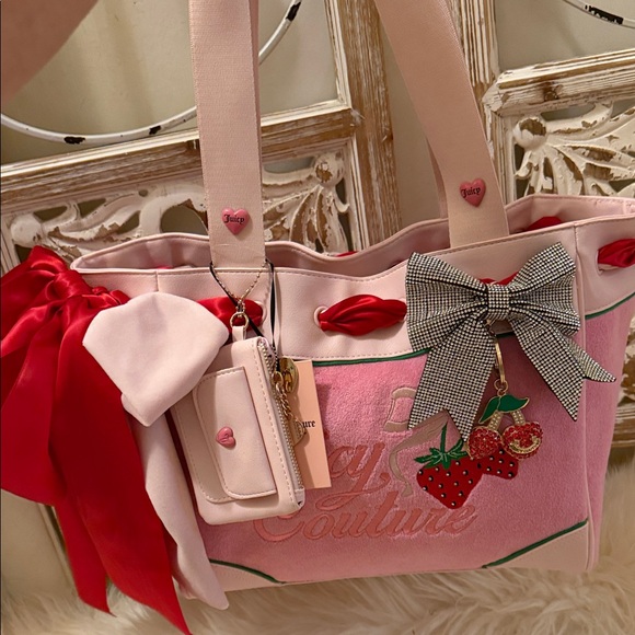 Juicy Couture Pink and Red Tote with Strawberry Charm